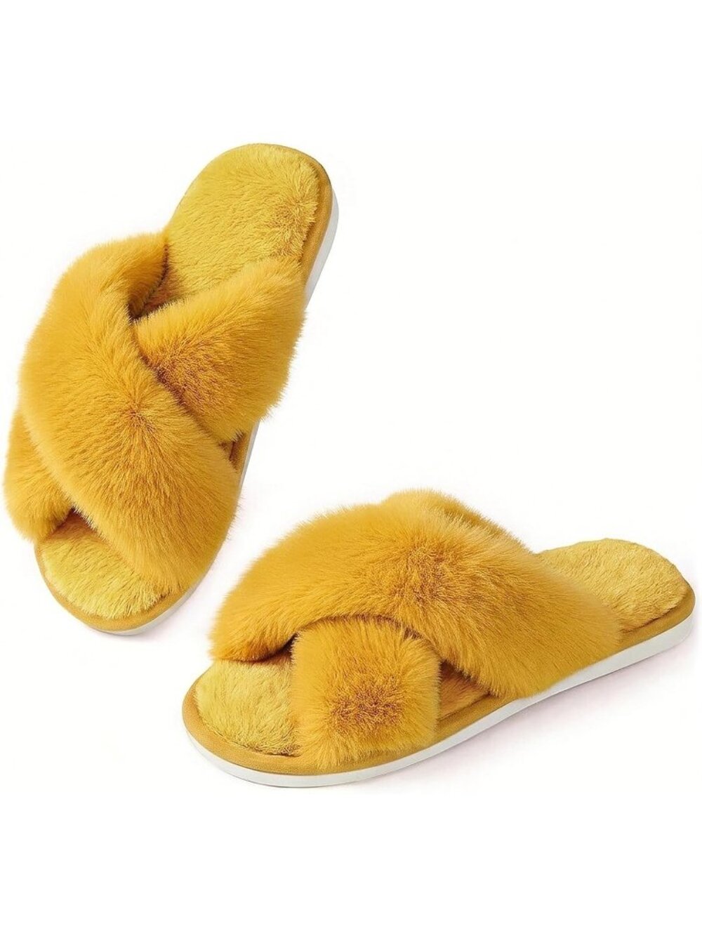 Women's Yellow Cross Band Memory Foam Open Toe Comfy Fuzzy Indoor Slippers